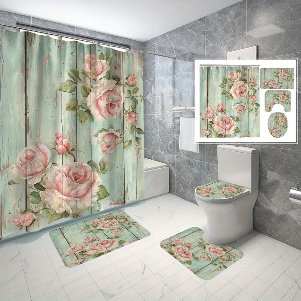 

4pcs/set Shower Curtain Set With Bath Mats, Floral Rose Pattern, 3d Digital Print Waterproof Bathroom Decor With 12 C-type Hooks, Bathroom Decor