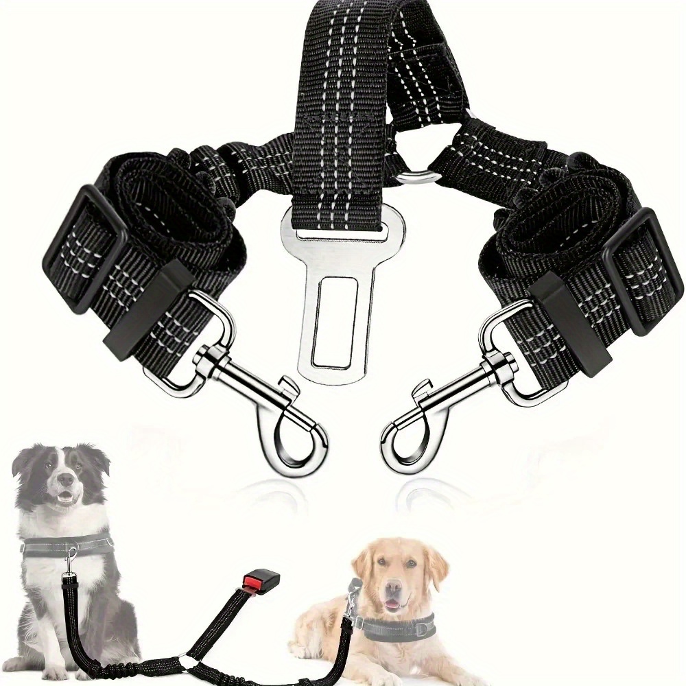 

Double Dog Safety Seat Belt, Adjustable Elastic Car Harness Seat Belt With Shock Reflective, Dog Car Restraint For Pet Safety Belt