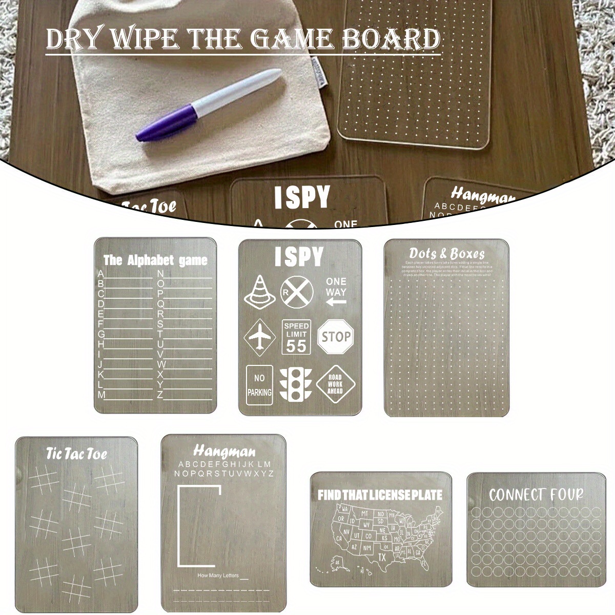 

1pc Acrylic Dry Erase Travel Game Boards Set - Multipurpose Tabletop - Engraved Road Trip Entertainment - I Spy, , Dots & Boxes, Alphabet, License Plate, Connect 4 - Reusable & Portable