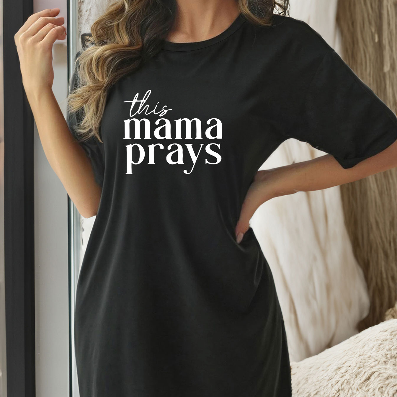 

Women's Slogan Print Casual Sleepwear Dress, Short Sleeve Round Neck Tee Dress, Comfortable Nightgown