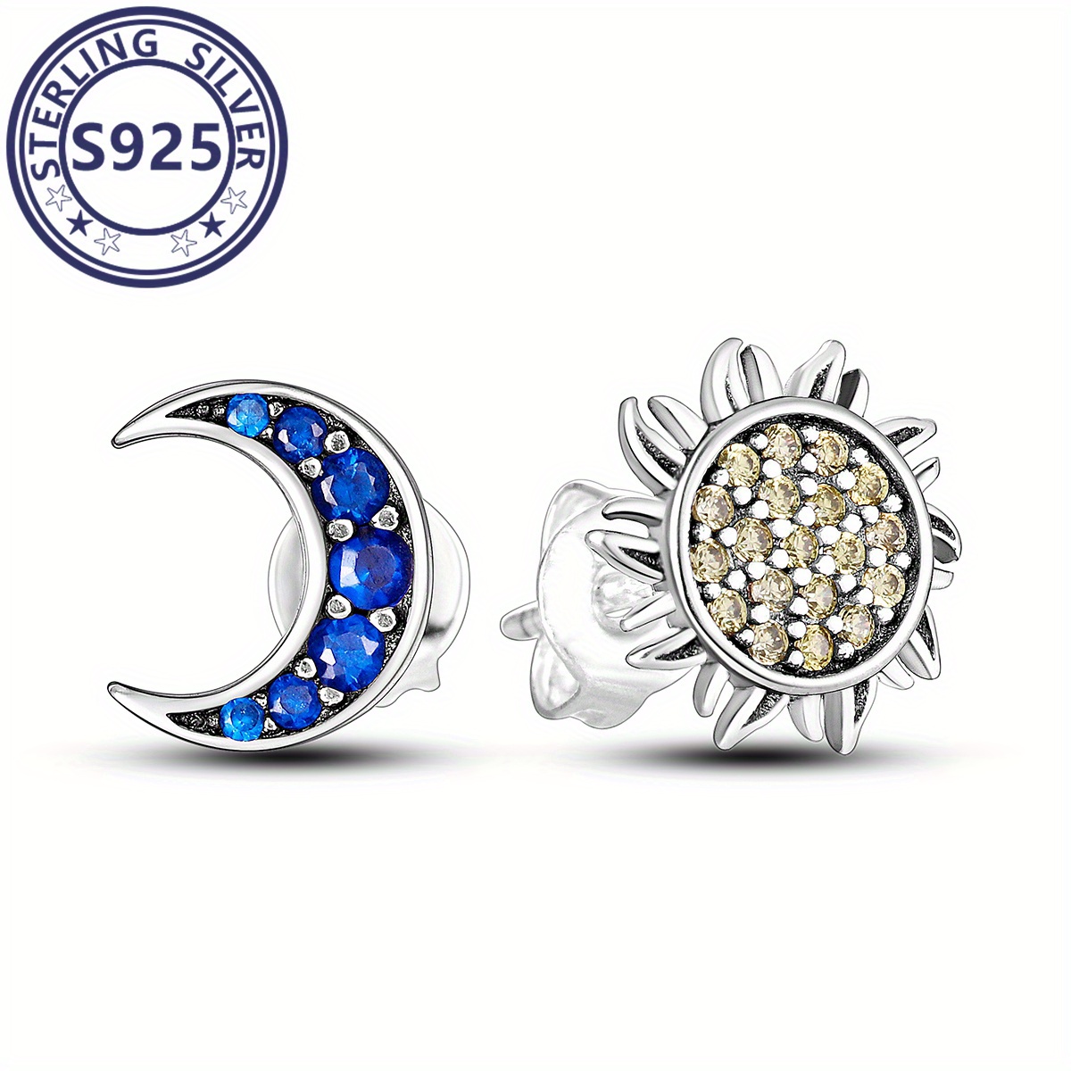 TEMU 925 Sterling Silvery Sun Moon Stud Earrings Inlaid White Elegant Luxury Ear Piercing Jewelry Decoration