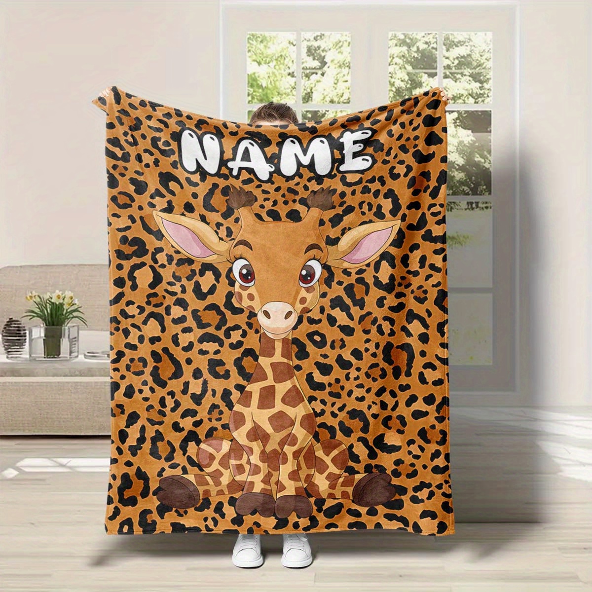 

1pc Couverture personnalisée avec nom, couverture girafe de dessin animé mignon, couverture de sieste douce, couverture d'extérieur toutes saisons