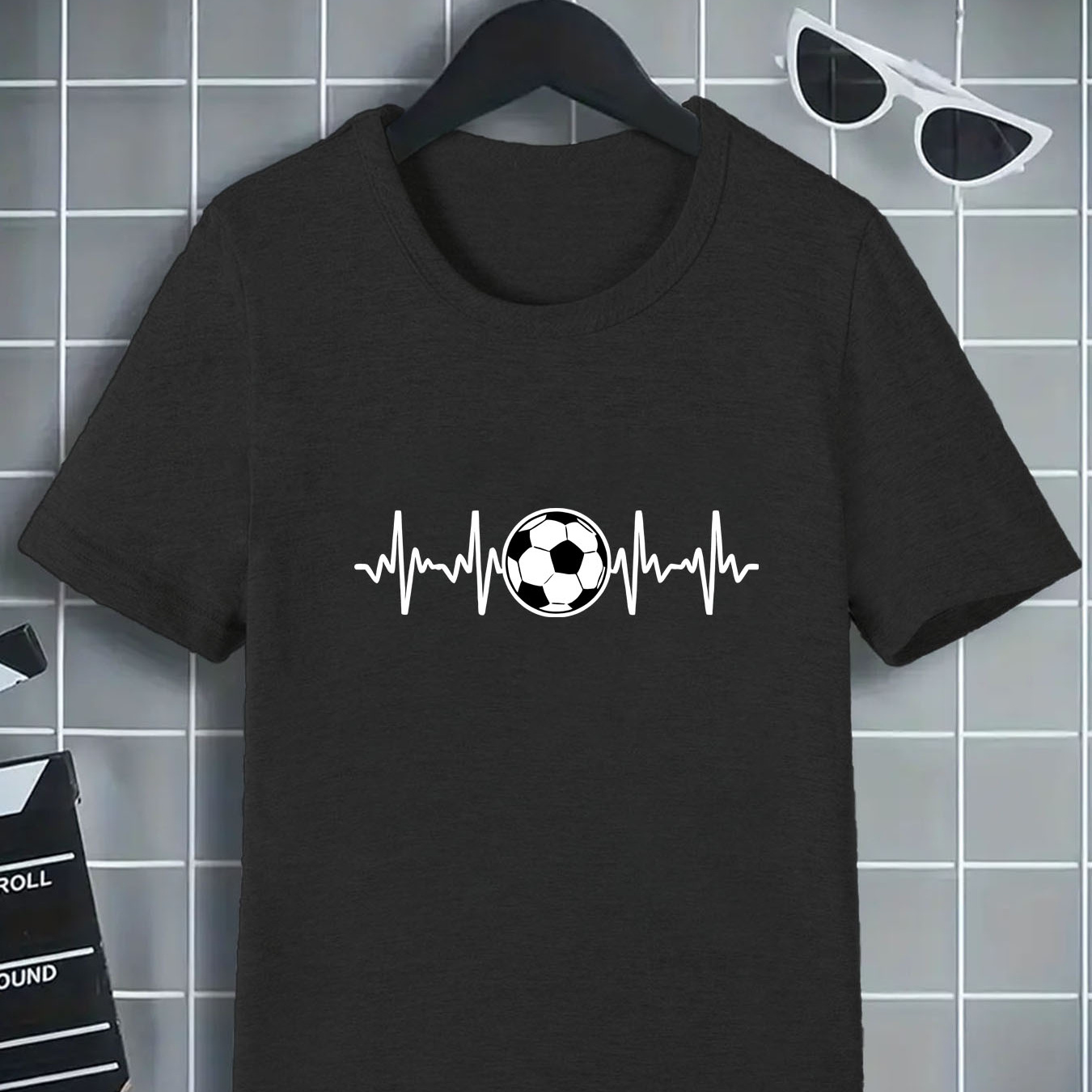 

Soccer Ecg Print Round Neck T-shirt, Short Sleeve Tee Tops, Boy's Summer Spring Clothing
