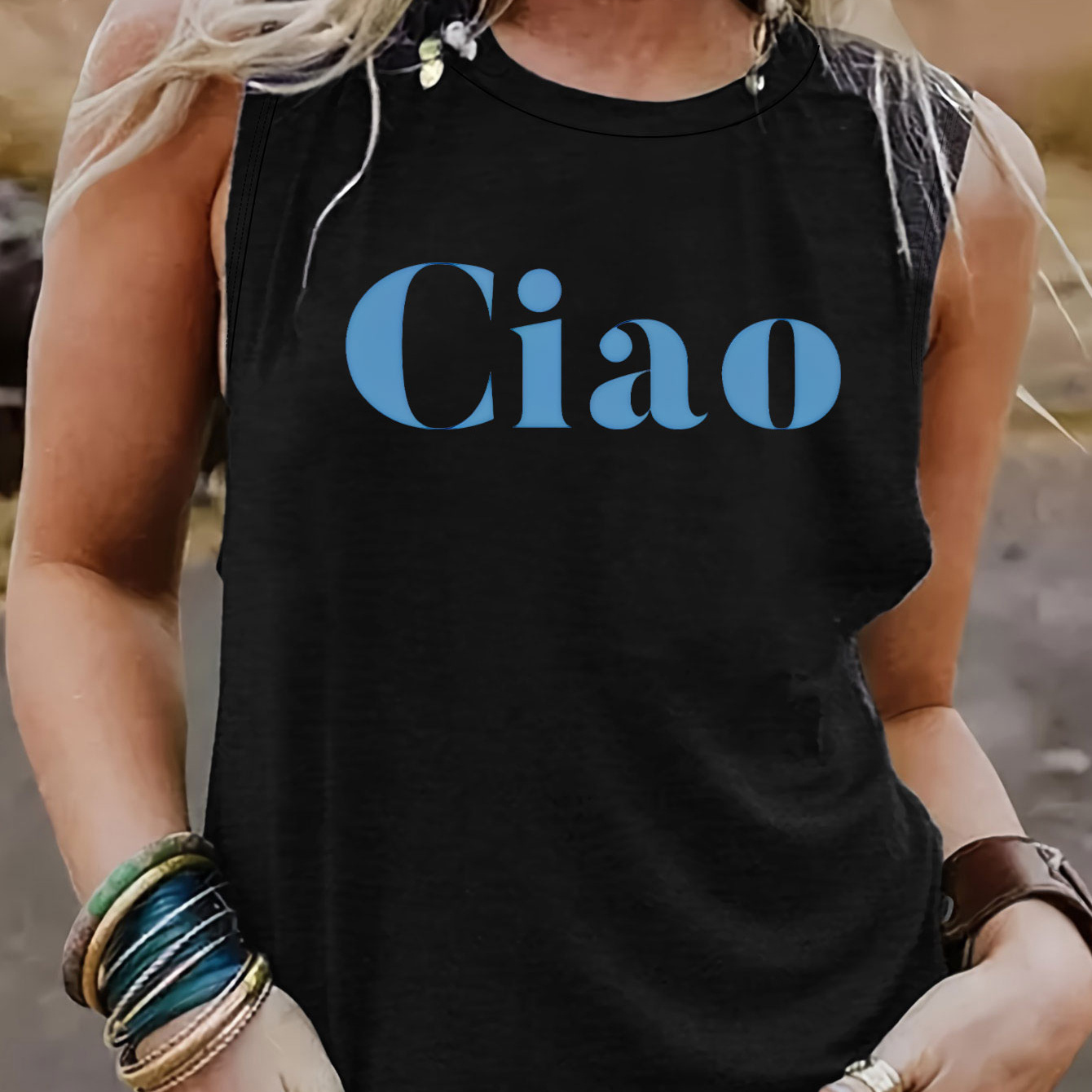 

Ciao Letter Print Tank Top, Sleeveless Casual Top For Summer & Spring, Women's Clothing