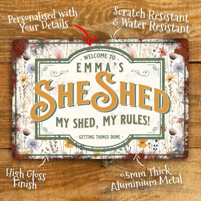

1pc Personalized "she Shed" Aluminum Sign, Vintage High Gloss Finish, Scratch & Water Resistant, Customizable Text Garden Wall Door Decor For Women, Pre-drilled Weatherproof Retro Plaque