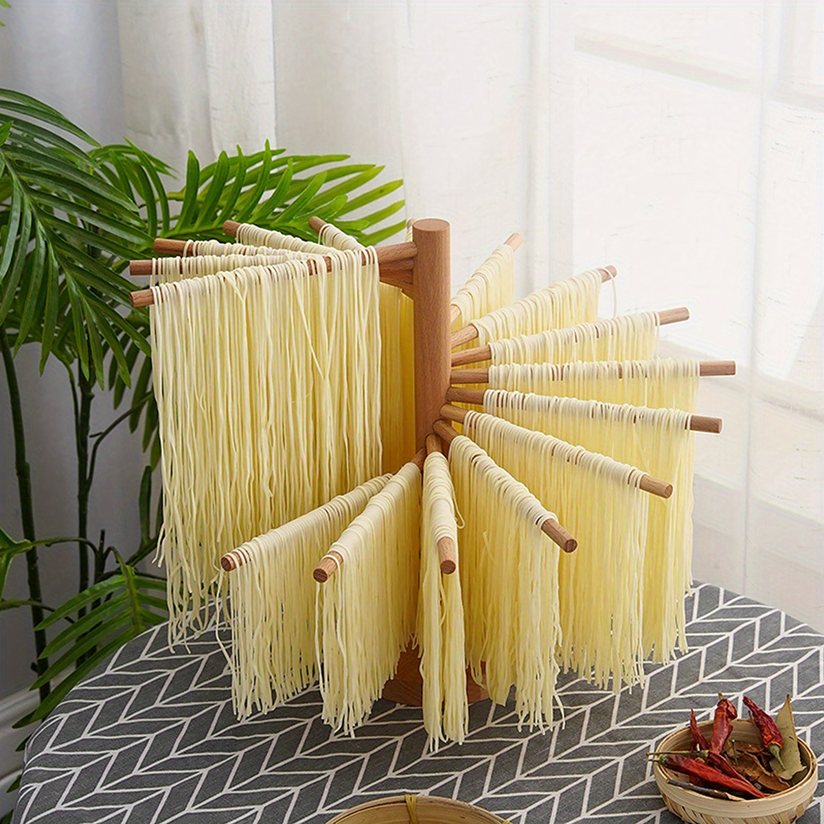 

Folding Wooden Rack For Drying Pasta, Featuring 16 Rods For Hanging , Designed For And Quick Assembly, Home Kitchens.