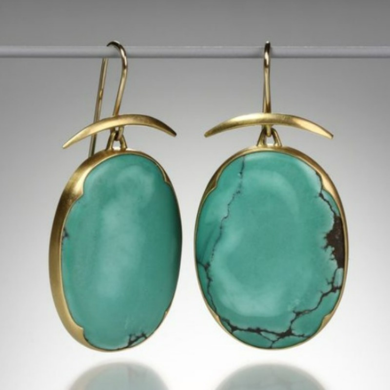 TEMU Women's Hook Style Hanging Earrings In Chinese Turquoise With An Oval Shape