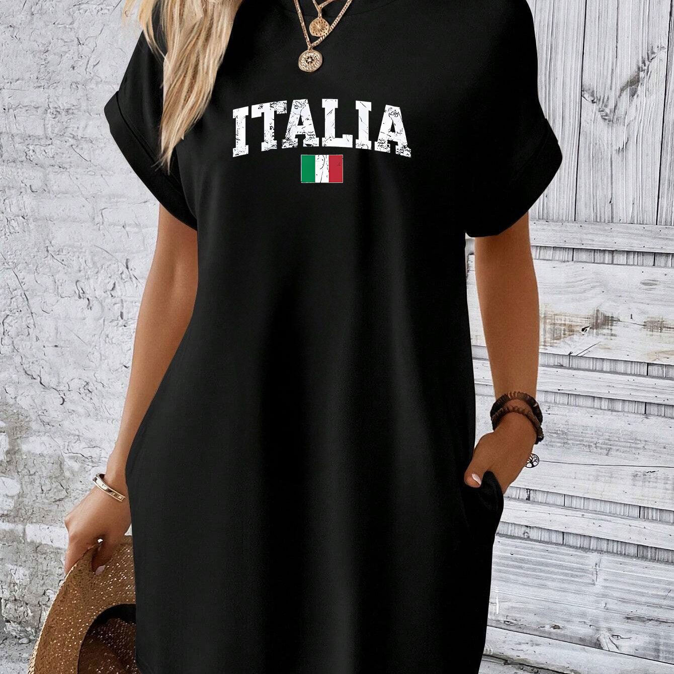 

Italia Print Tee Dress, Short Sleeve Crew Neck Casual Dress For Summer & Spring, Women's Clothing