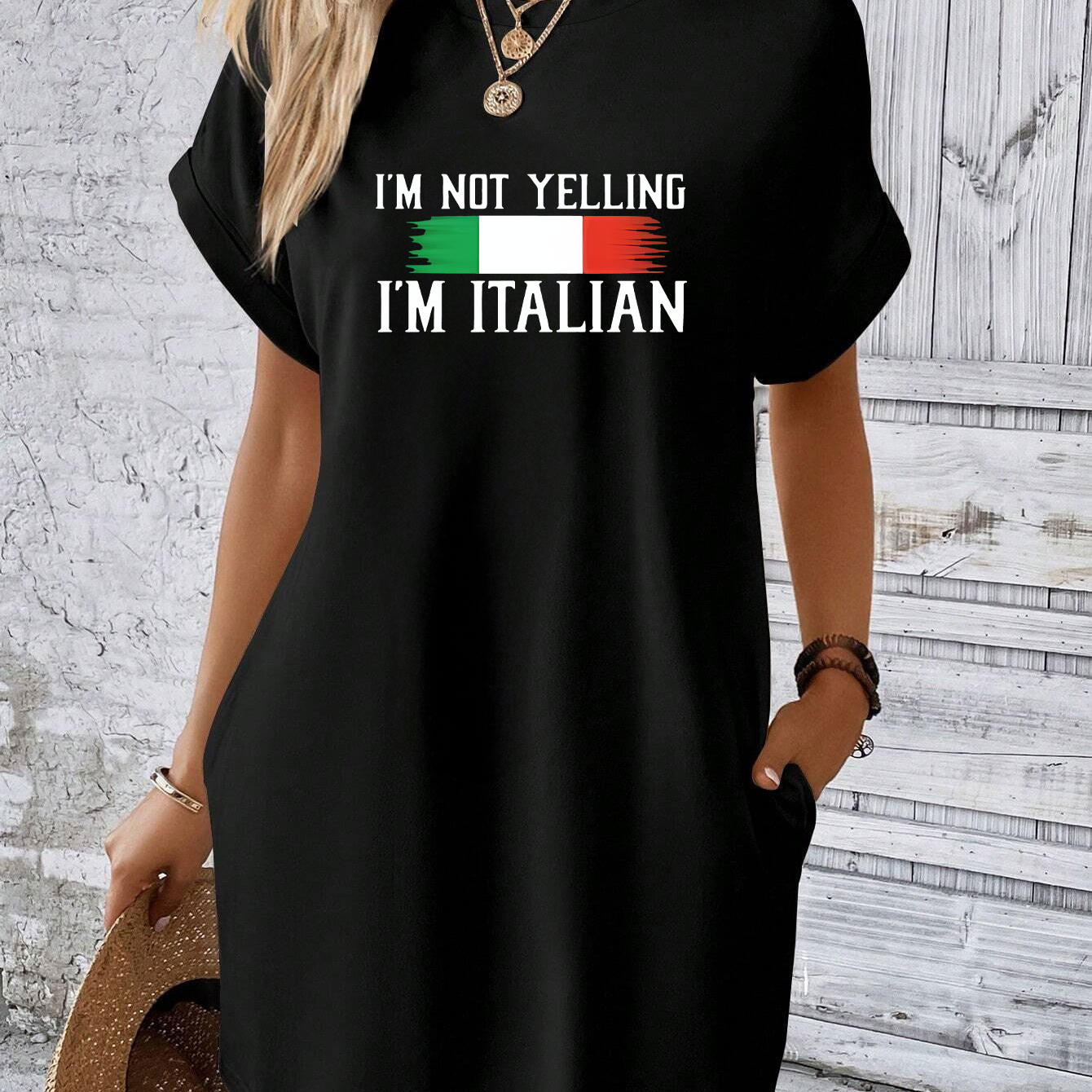 

I'm Italian Print Tee Dress, Short Sleeve Crew Neck Casual Dress For Summer & Spring, Women's Clothing