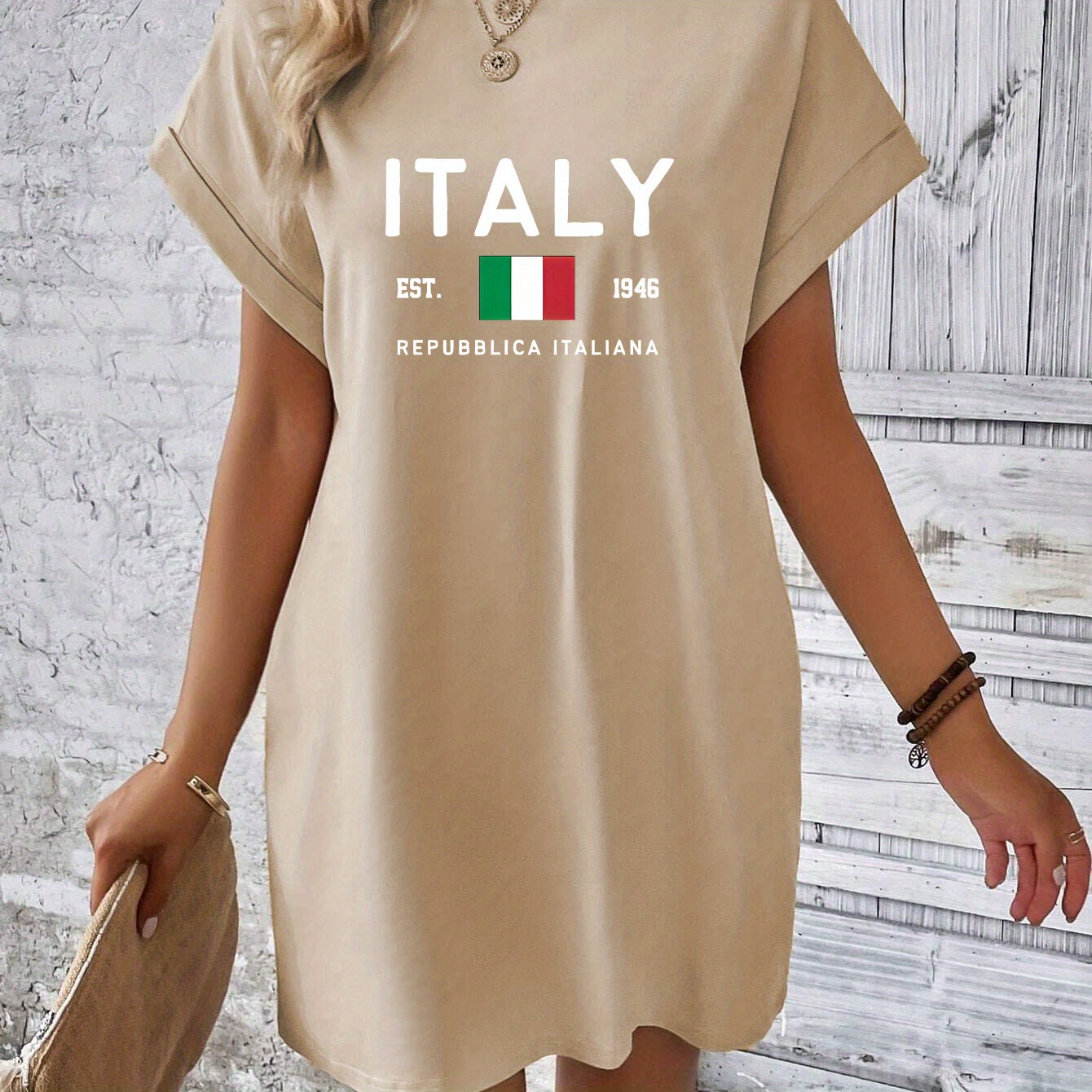 

Italy Print Tee Dress, Short Sleeve Crew Neck Casual Dress For Summer & Spring, Women's Clothing