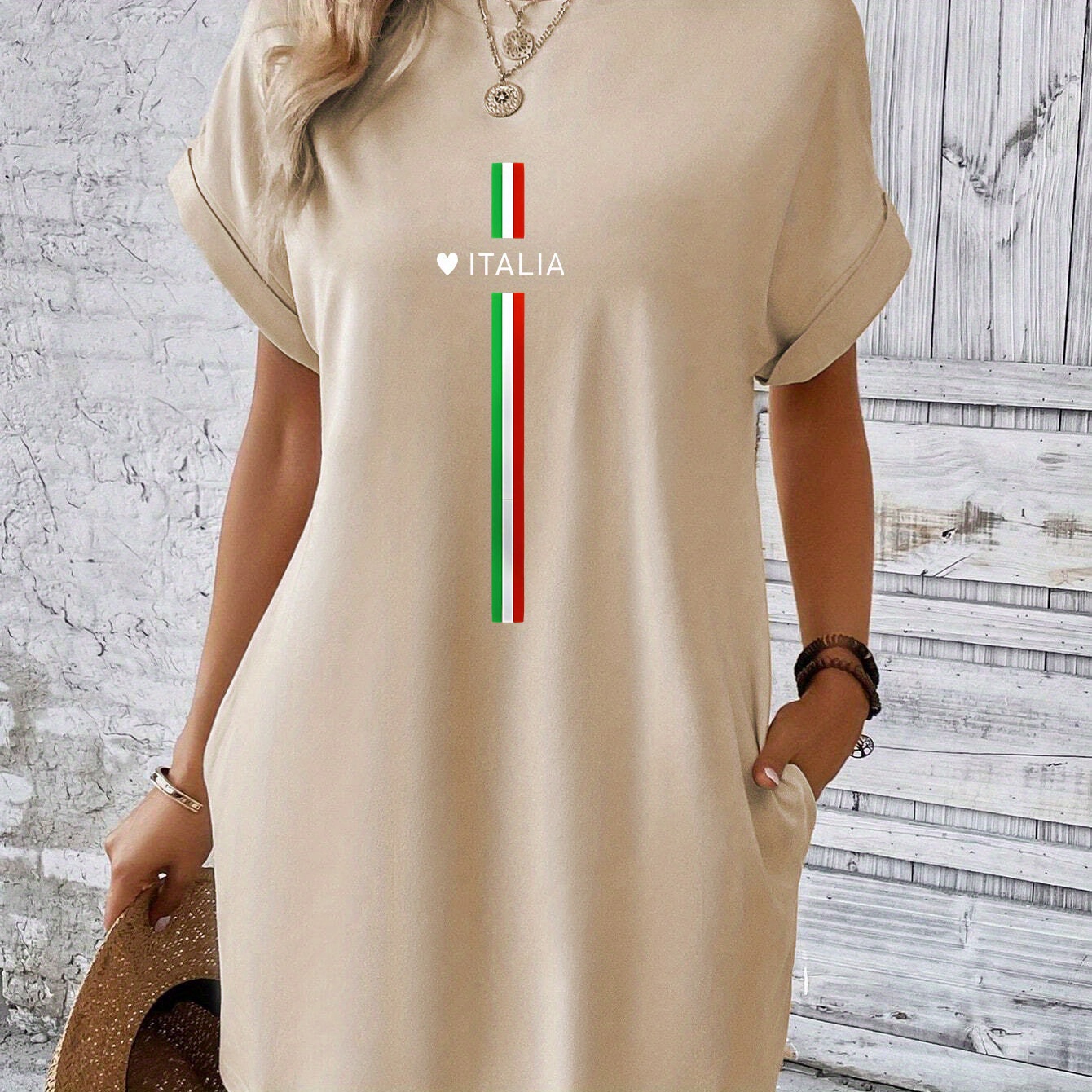 

Love Italia Print Tee Dress, Short Sleeve Crew Neck Casual Dress For Summer & Spring, Women's Clothing