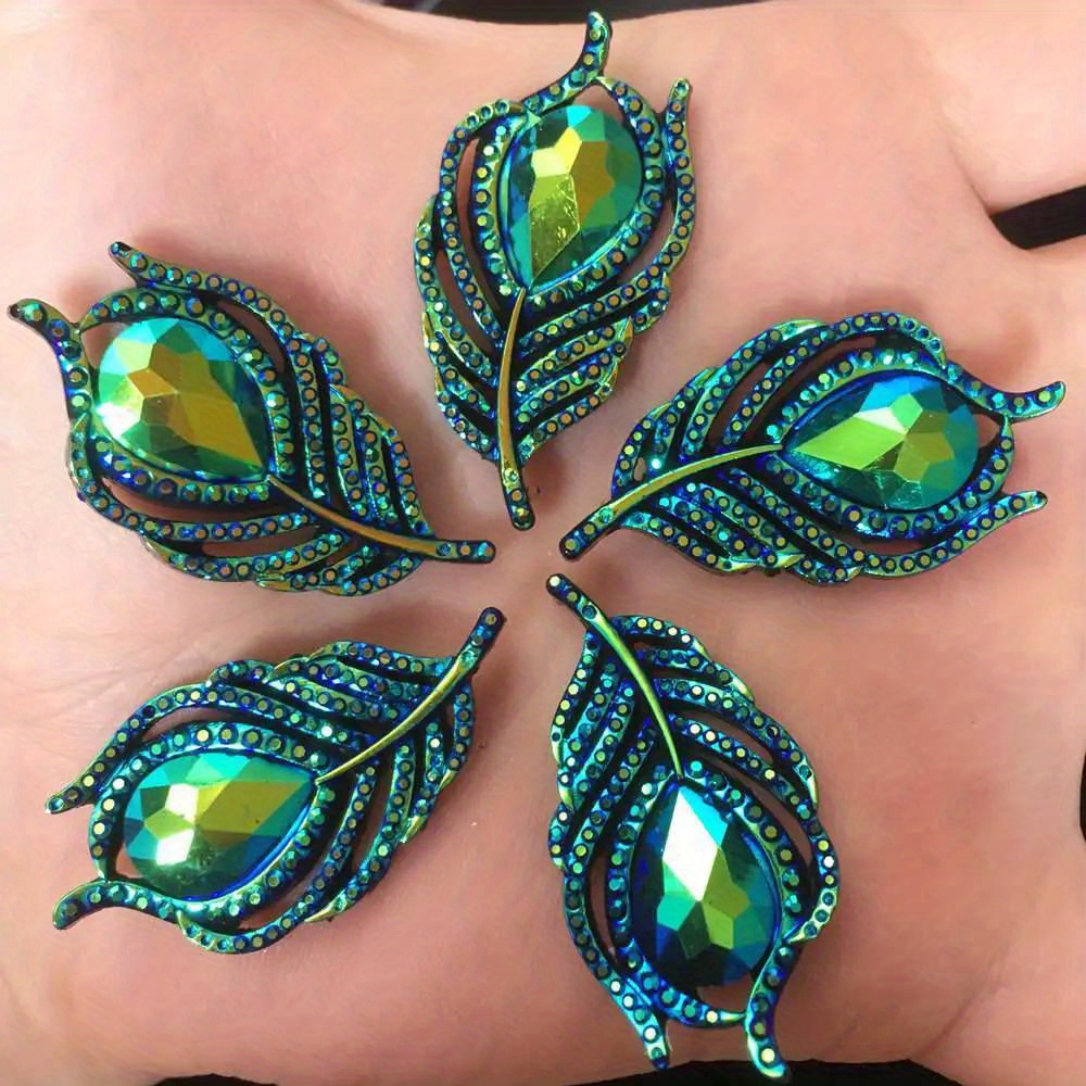 

10pcs Peacock Feather Resin Rhinestone Applique, 3d Glitter Flatback Wedding Craft, Diy Jewelry Making Accessory