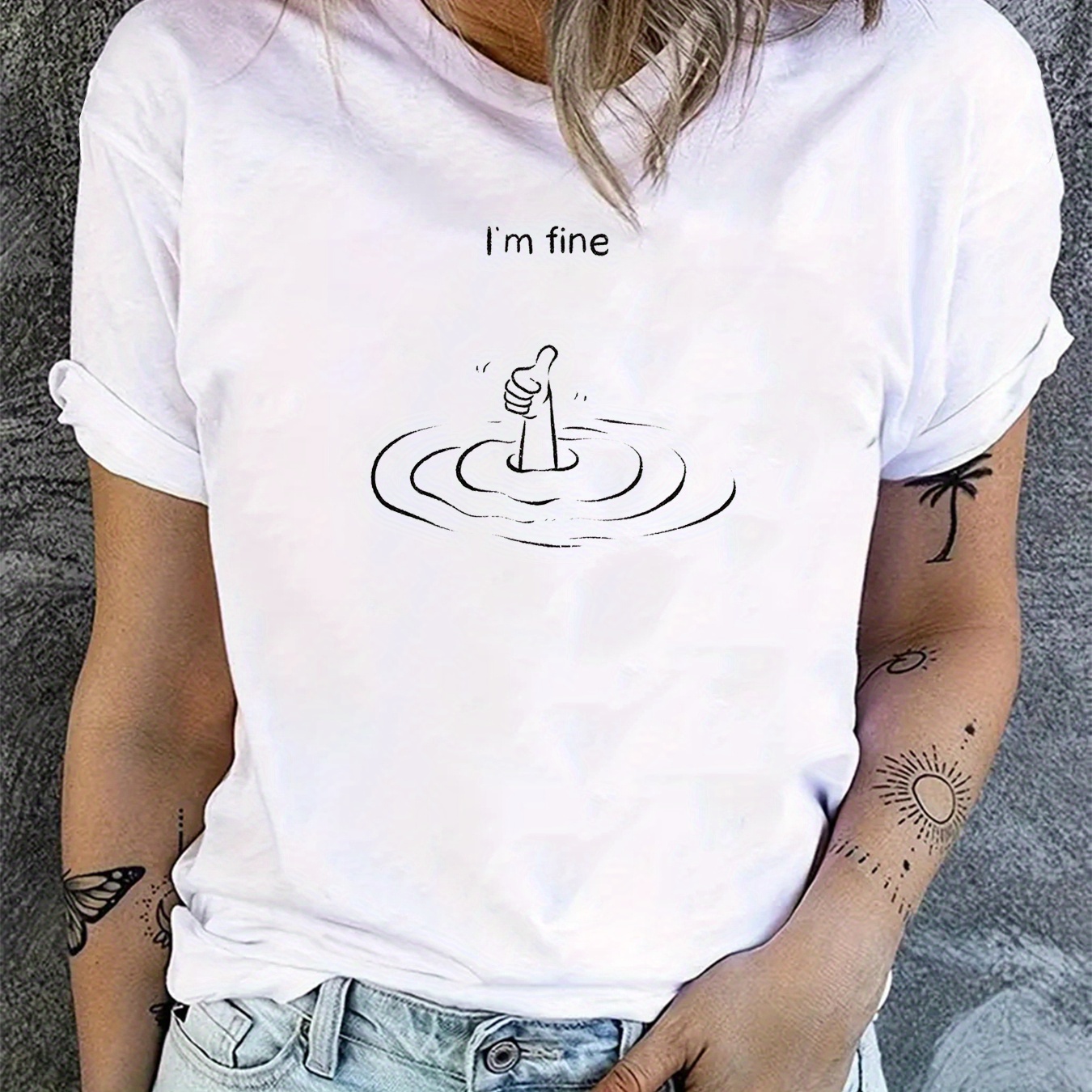 

I'm Fine Print Crew Neck T-shirt, Short Sleeve Casual Top For Summer & Spring, Women's Clothing