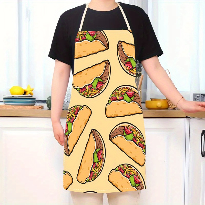 

1pc Fashionable Cartoon Taco Print Linen Apron, Unisex Kitchen Apron For Cooking, Baking, Home Cleaning, Woven 100% Linen Material With Adjustable Neck Strap