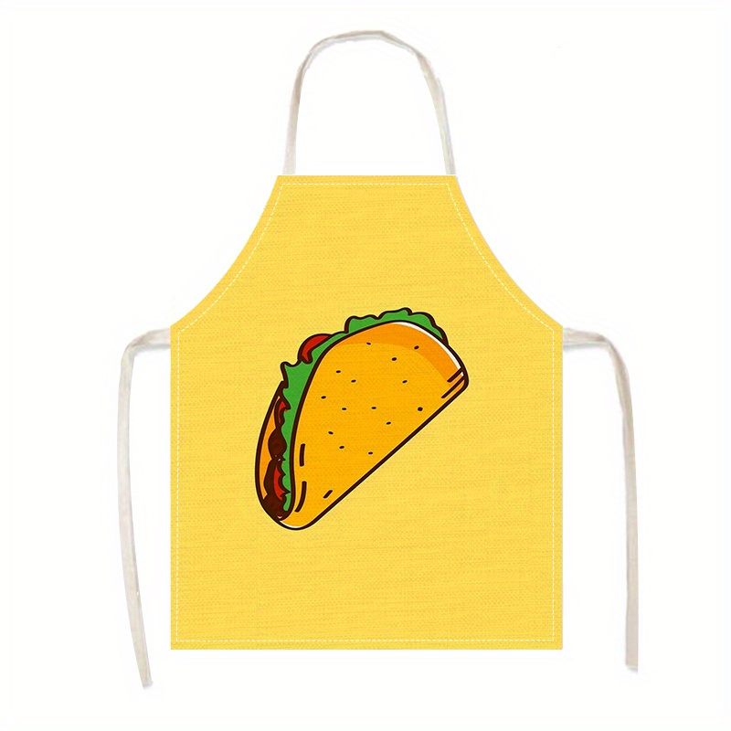 TEMU 1pc Fashionable Cartoon Taco Print Linen Apron, Unisex Kitchen Apron For Cooking, Baking, Home Cleaning, Woven 100% Linen Material With Adjustable Neck Strap