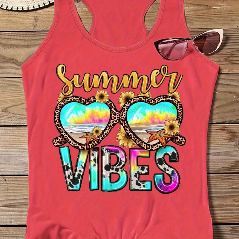 

Plus Size Glasses & Letter Print Tank Top, Sleeveless Casual Top For Summer & Spring, Women's Plus Size Clothing