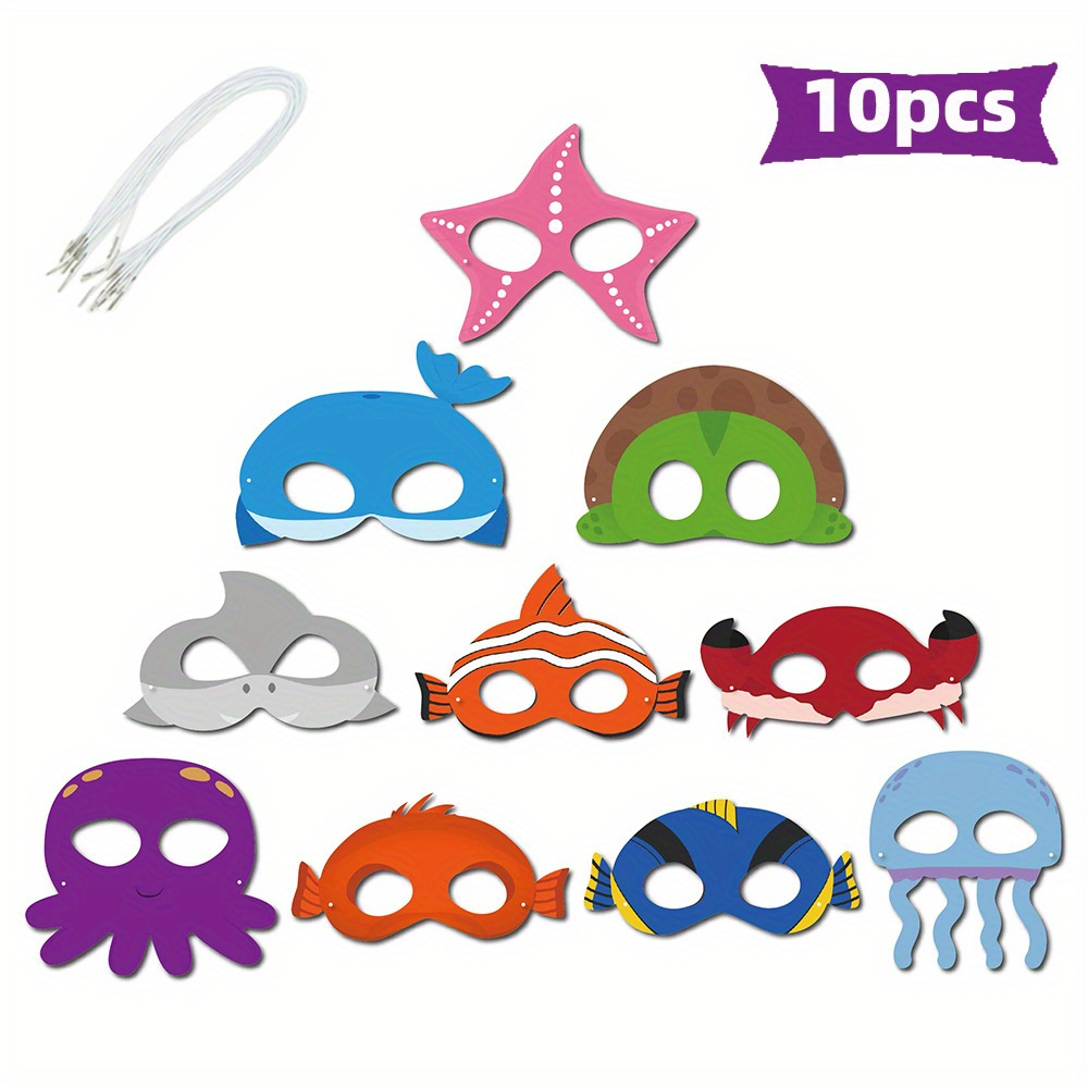 

10pcs, Ocean Animal Paper Masks, Birthday Party Favors, Sea Creature Cosplay Masks With Elastic Rope, Colorful Marine Life Cutouts For Dress Up & Themed Events