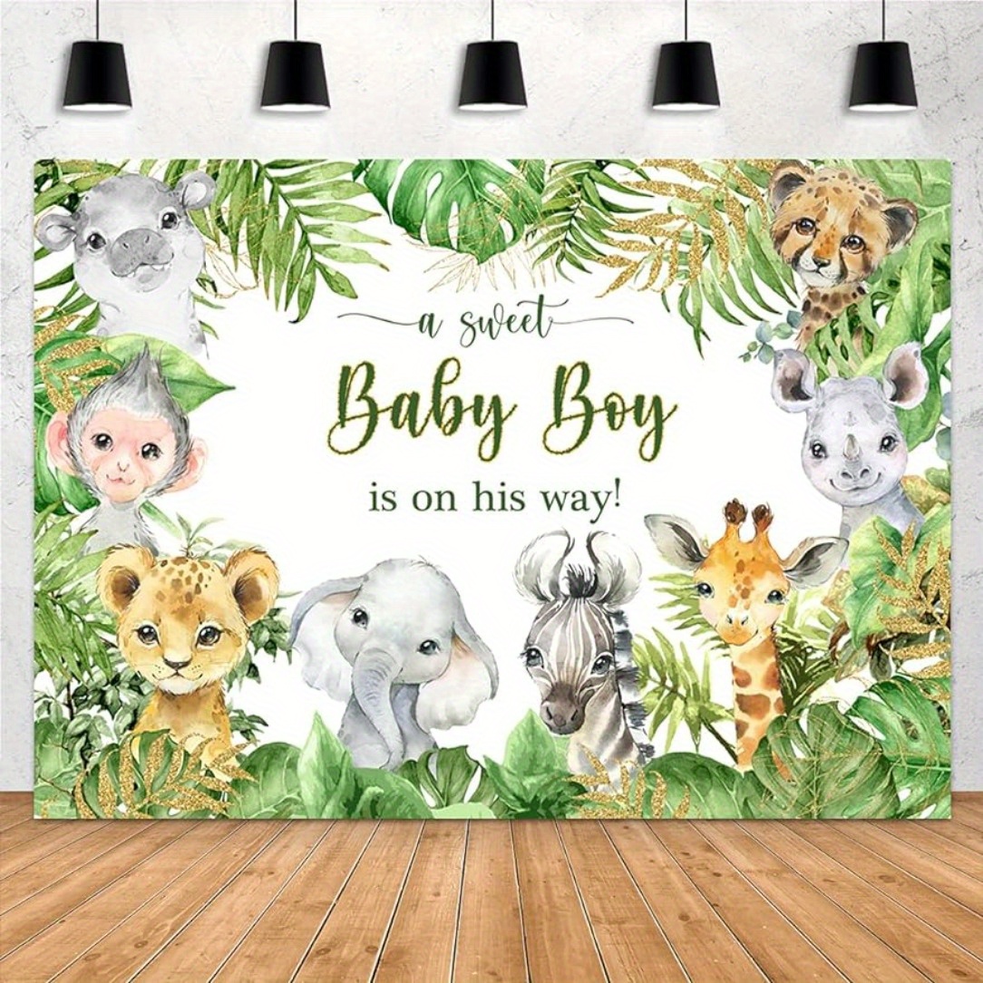 

1pc 5.9 X 3.6 Fts Jungle Safari Animals Baby Shower Backdrop Baby Boy Is On His Way It's A Boy Photography Background Green Leaves Photo Booth Studio Cake Table Banner Party Decorations Props Supplies