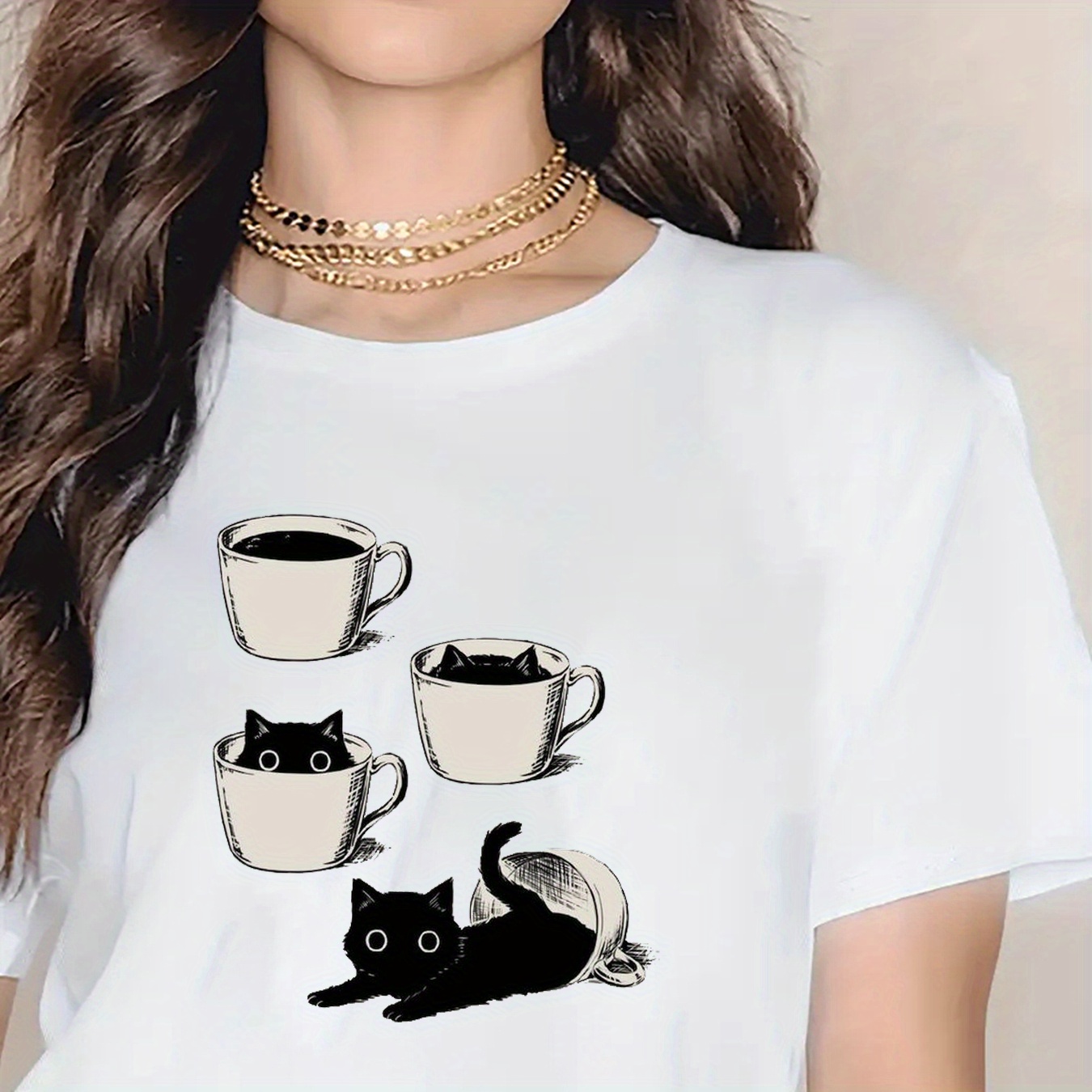 

Coffee & Cat Print Crew Neck T-shirt, Short Sleeve Casual Top For Summer & Spring, Women's Clothing