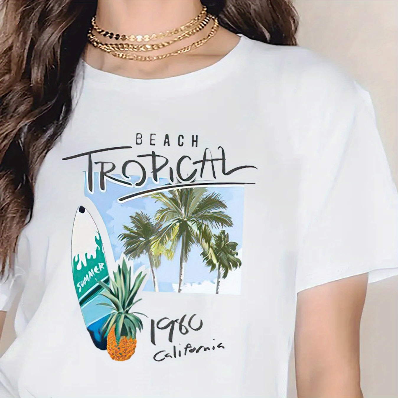 

Tropical Surfing Print Crew Neck T-shirt, Short Sleeve Casual Top For Summer & Spring, Women's Clothing