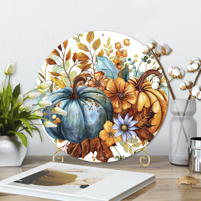 

8 Inch Metal Circular Wreath Sign With Autumn Pumpkins And Flowers, Aluminum Wall Decor For Home, Coffee Shop, And Restaurant