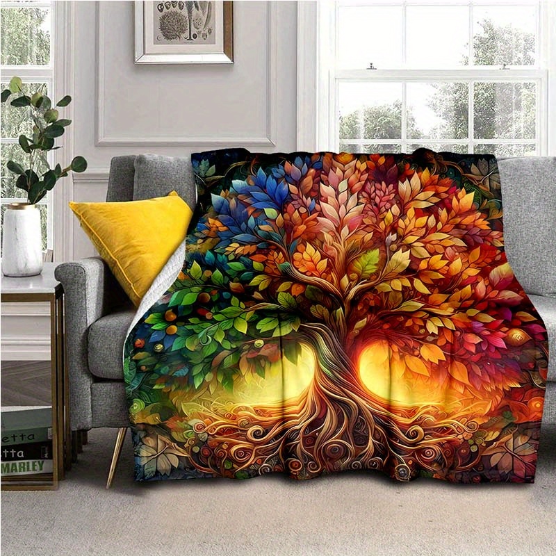 

Soft & Cozy Life Tree Art Print Blanket - Multicolor, Perfect For Sofa, Bed, Picnic, Or Office Leisure
