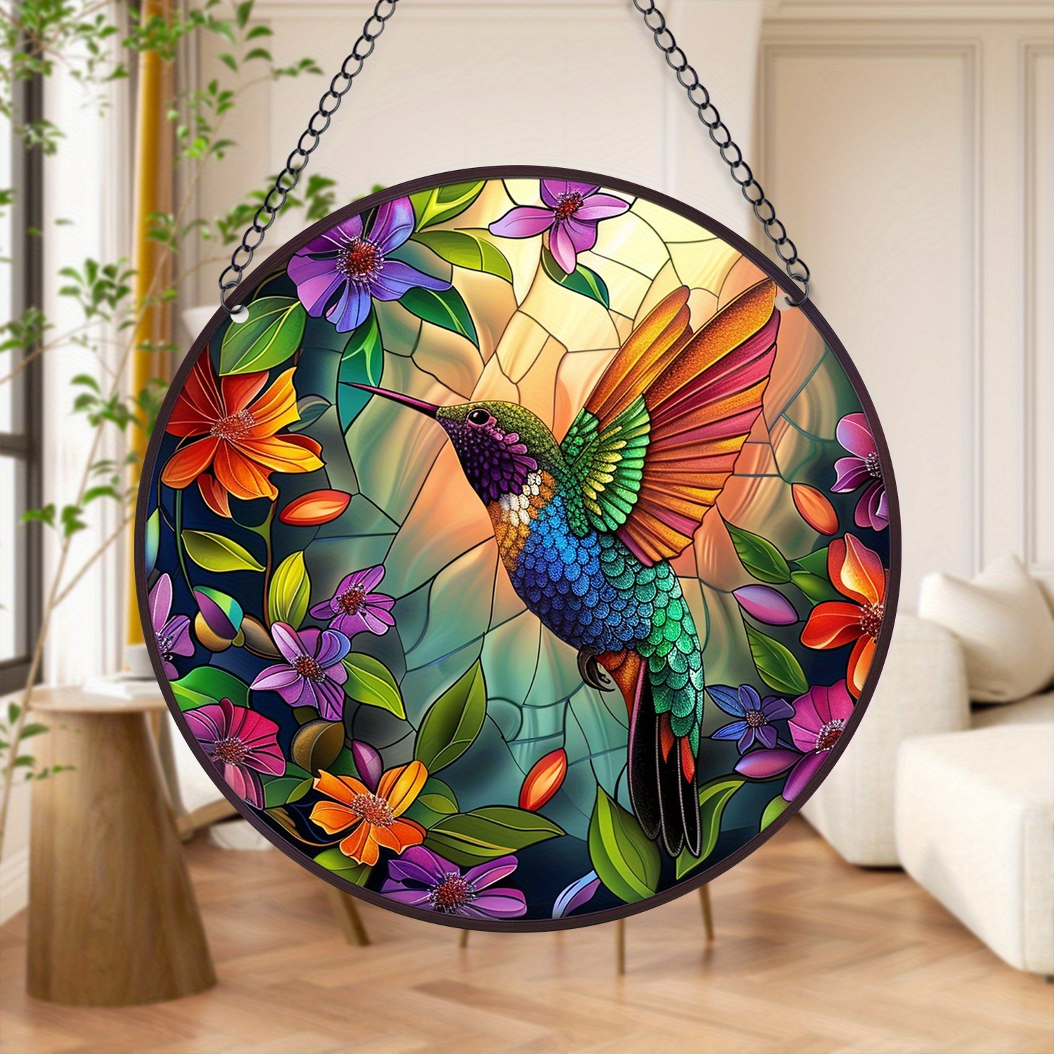 

1pc Vibrant Hummingbird & Floral Acrylic Suncatcher - 15cm Round Stained Glass-style Wall Hanging Decor With Chain For Home, Office, Bar, Garden - Ideal Housewarming, Friend, Family, Gift, Bird Decor