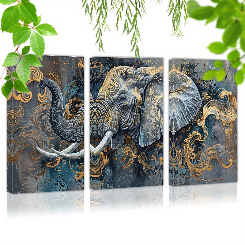 

Framed 60cmx90cmx3pcs (24inchx36inchx3pcs) Canvas Wall Art Ready To Hang A Full Body Elephant With Intricate Patterns On Its Skin (3) Wall Art Prints Poster Wall Picrtures Decor For Home
