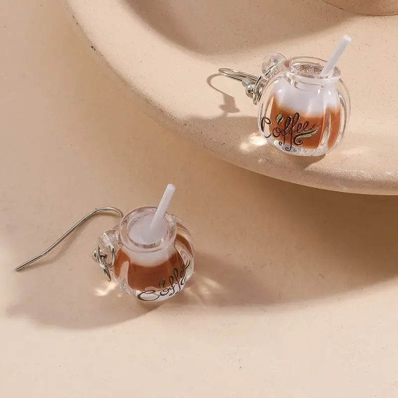 

Coffee Cup Dangle Earrings, Cartoon Style Cute Resin Jewelry, Simple Chic Design, Transparent Finish With Brown Liquid, Lightweight Fashion Accessory