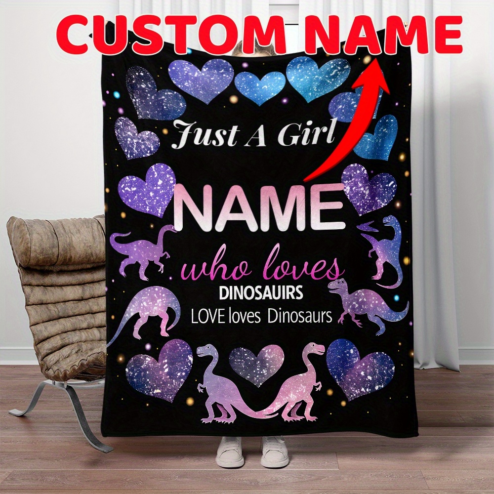 

1pc Custom Name Blanket, Cute Dinosaurs Lightweight Throw Blanket For Sofa, Bed, Travel, Camping, Living Room, Office, Couch, Chair, And Bed - Digital Printing Soft And Warm Flannel Fabric Blanket