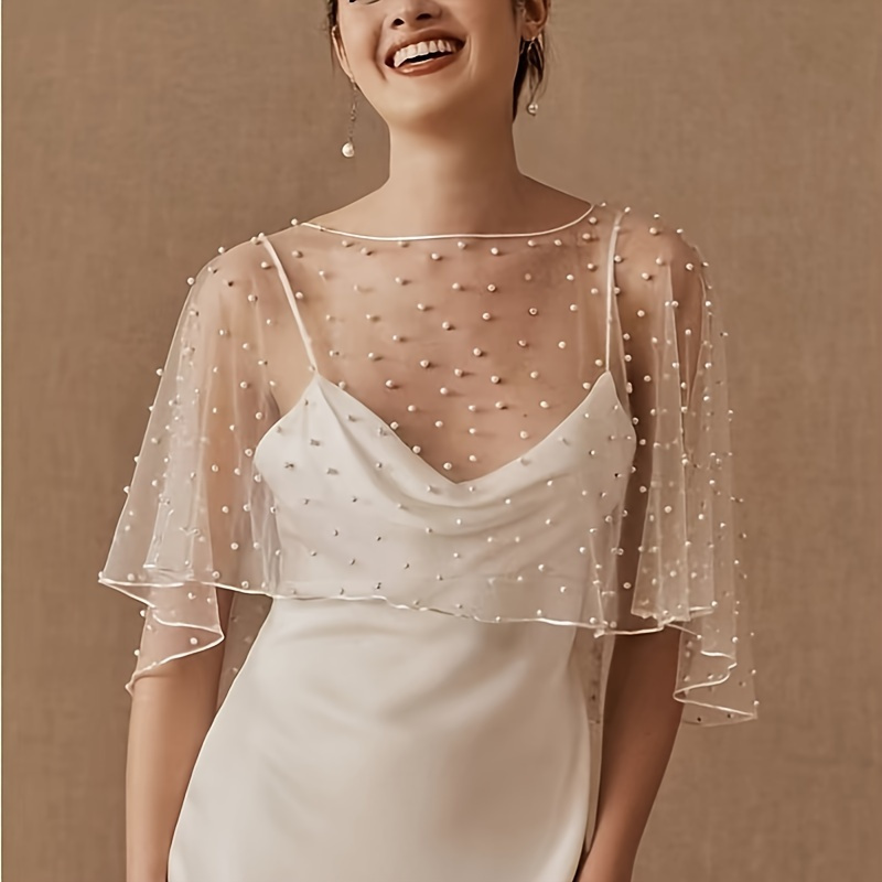 

Élégant châle de mariée en tricot - Imitation perle, respirant, anti-soleil, cape pull-over élastique pour les mariages