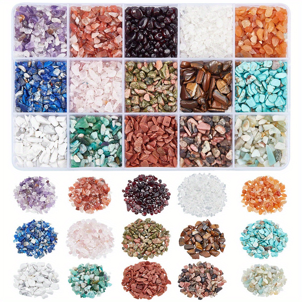 

1 Box Approx 3500pcs Chip Stone Beads, 15 Styles Mixed Undrilled No-hole Crystals Polished Crushed Irregular Shaped Loose Beads For Jewelry Making Crafts Decors Ideal Gifts