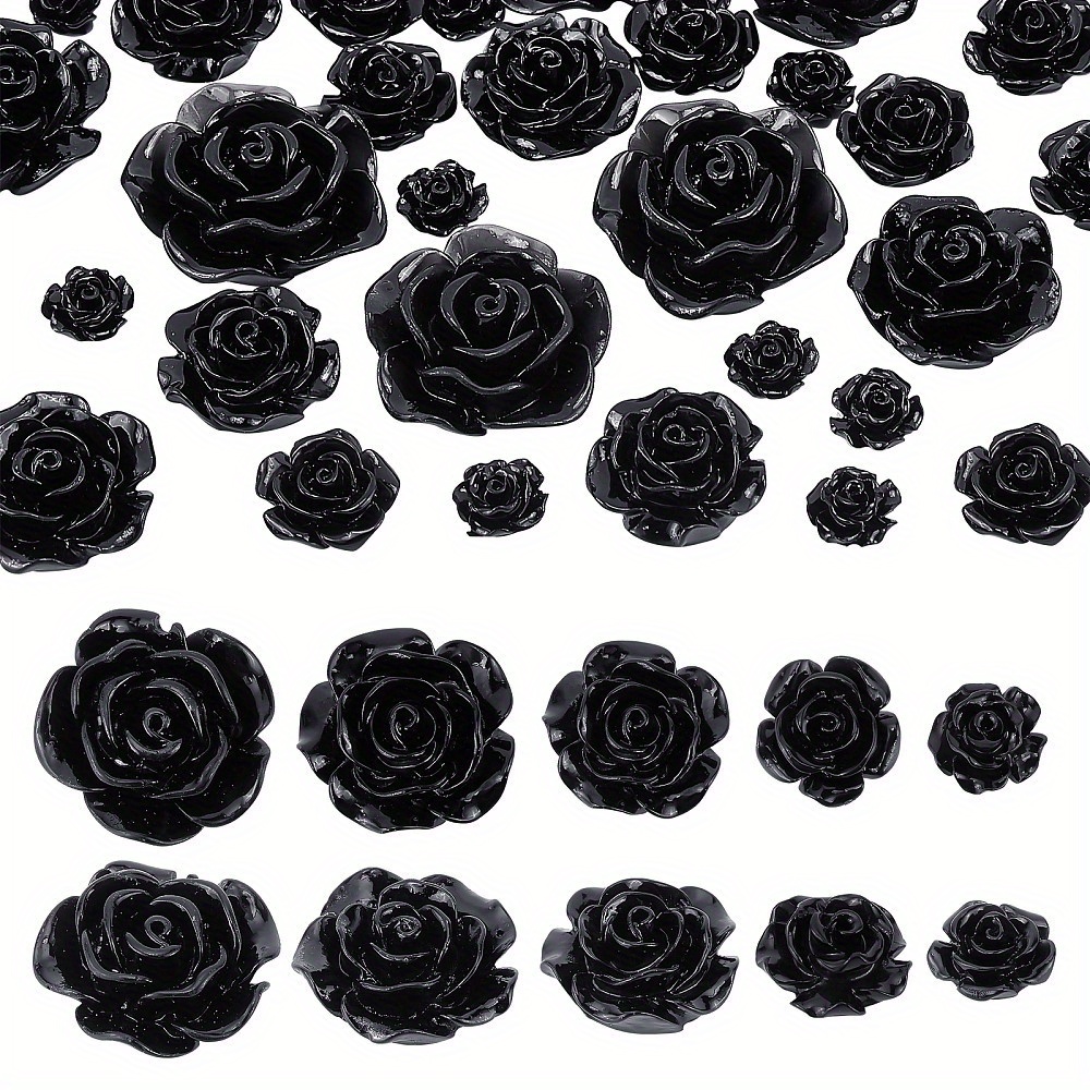 

60pcs Set Of Black Resin Rose Cabochons - Assorted Sizes (9mm To 25mm) For & Home Decor Crafts