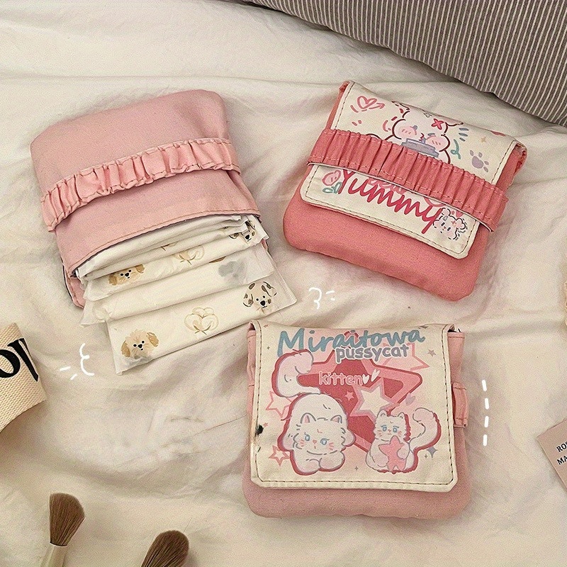 

Cute Cartoon Kitty Cat Pattern Large Capacity Sanitary Napkin Pouch, Portable Feminine Hygiene Pad Organizer