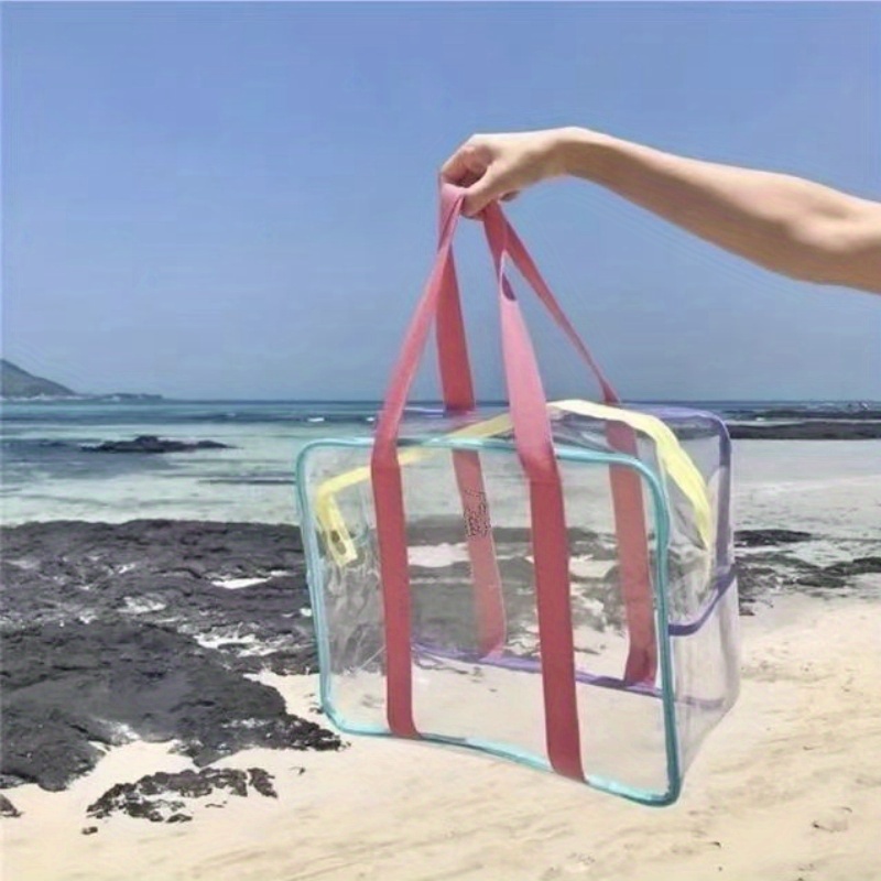 

Clear Pvc Beach Tote Bag, Transparent Swimming Bag With Pink Handles, Stylish Large Capacity Travel Bag For Women, Summer Vacation Essentials
