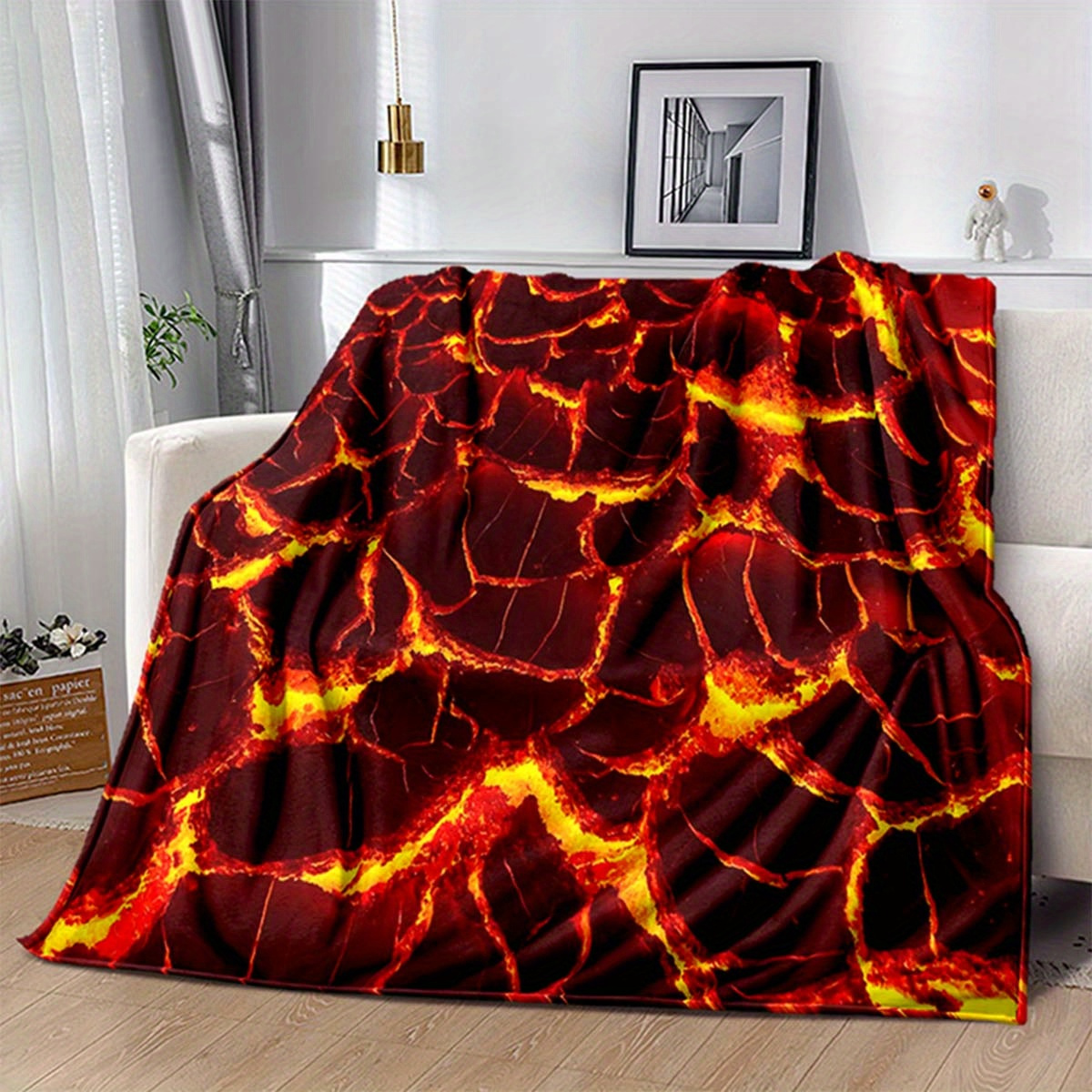

3d Volcanic Lava Flame Design Flannel Throw Blanket, Soft Polyester Couch Chair Cover For Living Room Bedroom Sofa Picnic Decor, Large Warm Cozy Blanket With Vivid Colors For Napping And Car Use