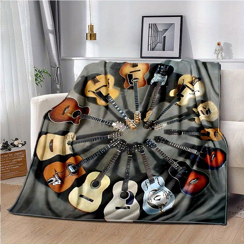 

Polyester Music Guitar Print Blanket - 100% Soft Square Polyester Throw For Sofa, Bed, Picnic, And Office Leisure - Large Artistic Guitar Design Comfort Blanket For Music Lovers - Machine Washable