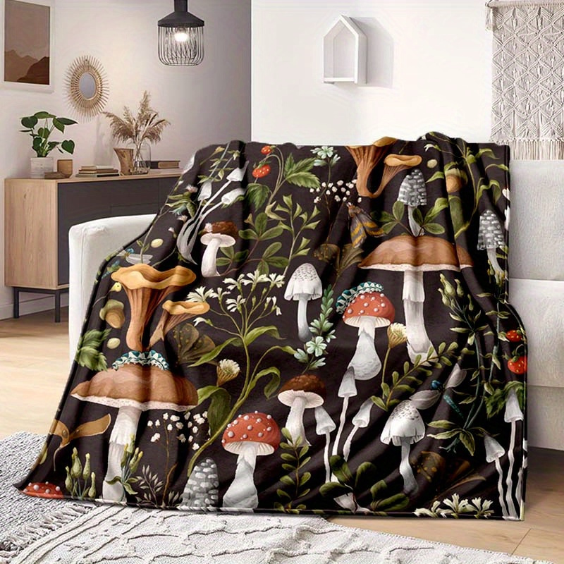 

Mushroom And Plant Pattern Soft Polyester Blanket - 100% Polyester, Large Size, Machine Washable, Multipurpose For Sofa, Bed, Picnic, Travel, Casual Nap