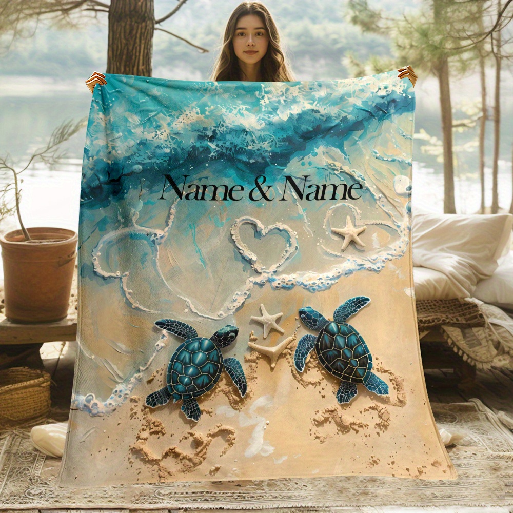 TEMU 1 Personalized Blanket Featuring A Turtle Couple, Ideal For Travel, Camping, Or Home Use. This Lightweight Flannel Throw Is Perfect For Your