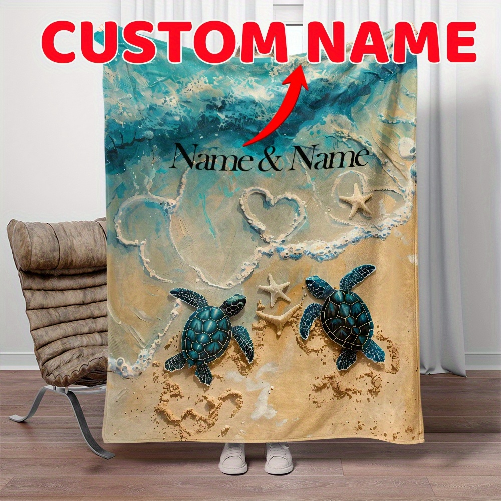 

1pc Custom Name Blanket, Turtle Couple Personalization Portable Blanket, Lightweight Flannel Throw Blanket For Sofa, Bed, Travel, Camping, Living Room, Office, Couch, Chair, And Bed