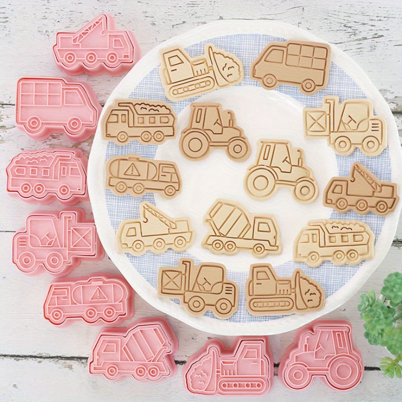 

8pcs Plastic Engineering Vehicle Car Truck Clay Molds, Fondant Baking Cookie Cutter Stamp Set