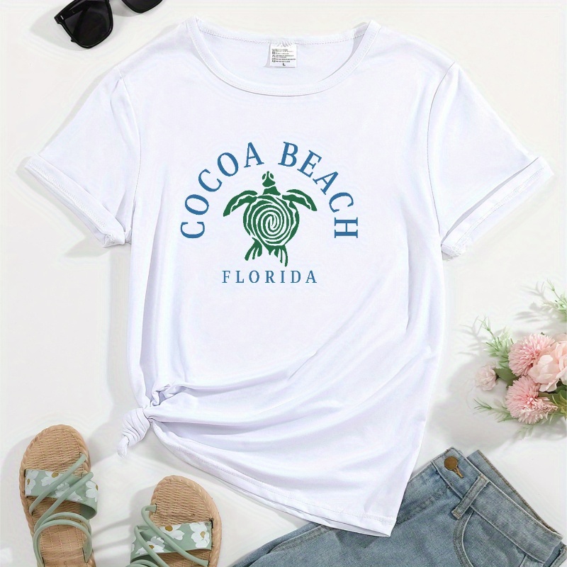 

Women's Casual Round Neck T-shirt, Cocoa Beach Florida Print, Trendy Sporty Top, Simple And Versatile Tee
