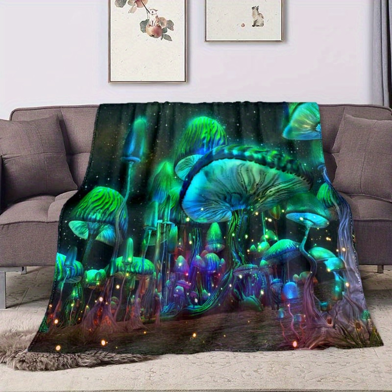 

Soft & Cozy Green Glow Mushroom Flannel Blanket - Perfect For Sofa, Bed, Picnic, Travel & Office Naps - Machine Washable, Large Size