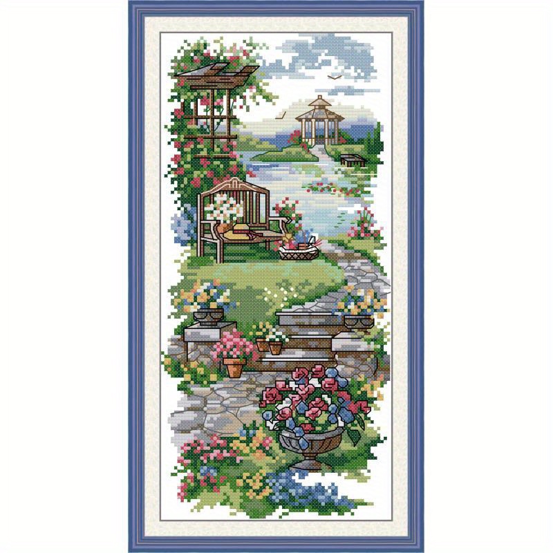 

Diy Cross Stitch Kit - Garden Landscape Pattern, 14ct Printed Canvas Embroidery Set With Cotton Threads, Needles, And Drawing Paper For All Seasons Home Decor - Mixed Colors, Fabric Material, 1 Set