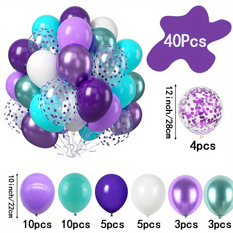 TEMU 40 Mermaid Party Balloon Set With Metallic Purple, Green, Teal, Blue, White Latex Balloons And Confetti For Girls Mermaid Theme Birthday Party,