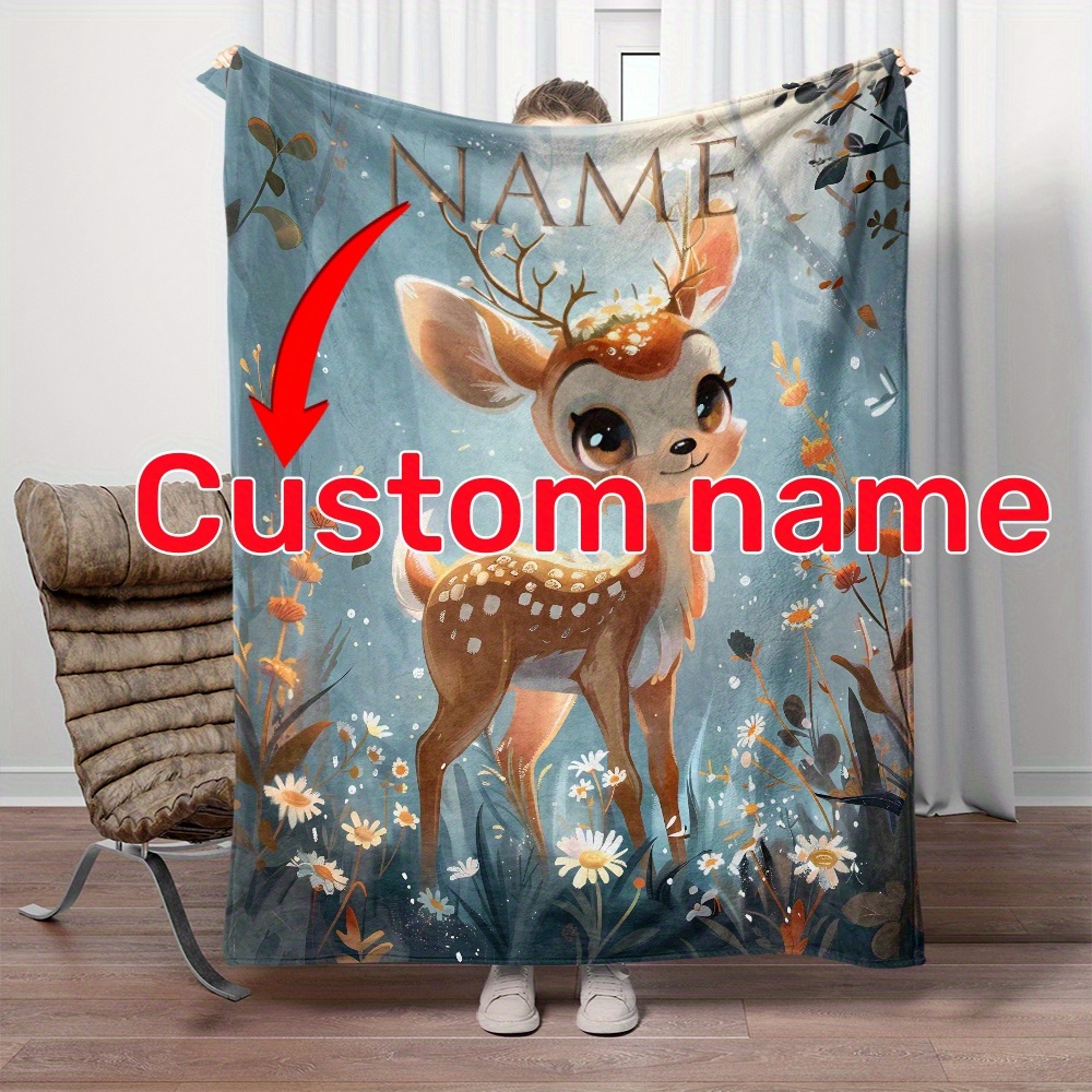 

1pc Custom Name Blanket, Cute Fawn Portable Lightweight Throw Blanket For Sofa, Bed, Travel, Camping, Living Room, Office, Couch, Chair, And Bed - Digital Printing Soft And Warm Flannel Fabric Blanket