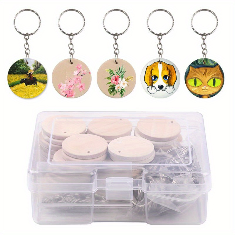 

150-piece Wooden Keychain Blanks Set With Key Rings For Diy Painting And Crafting - 35mm Round Wood Discs For Custom Keyring Accessories In Storage Box