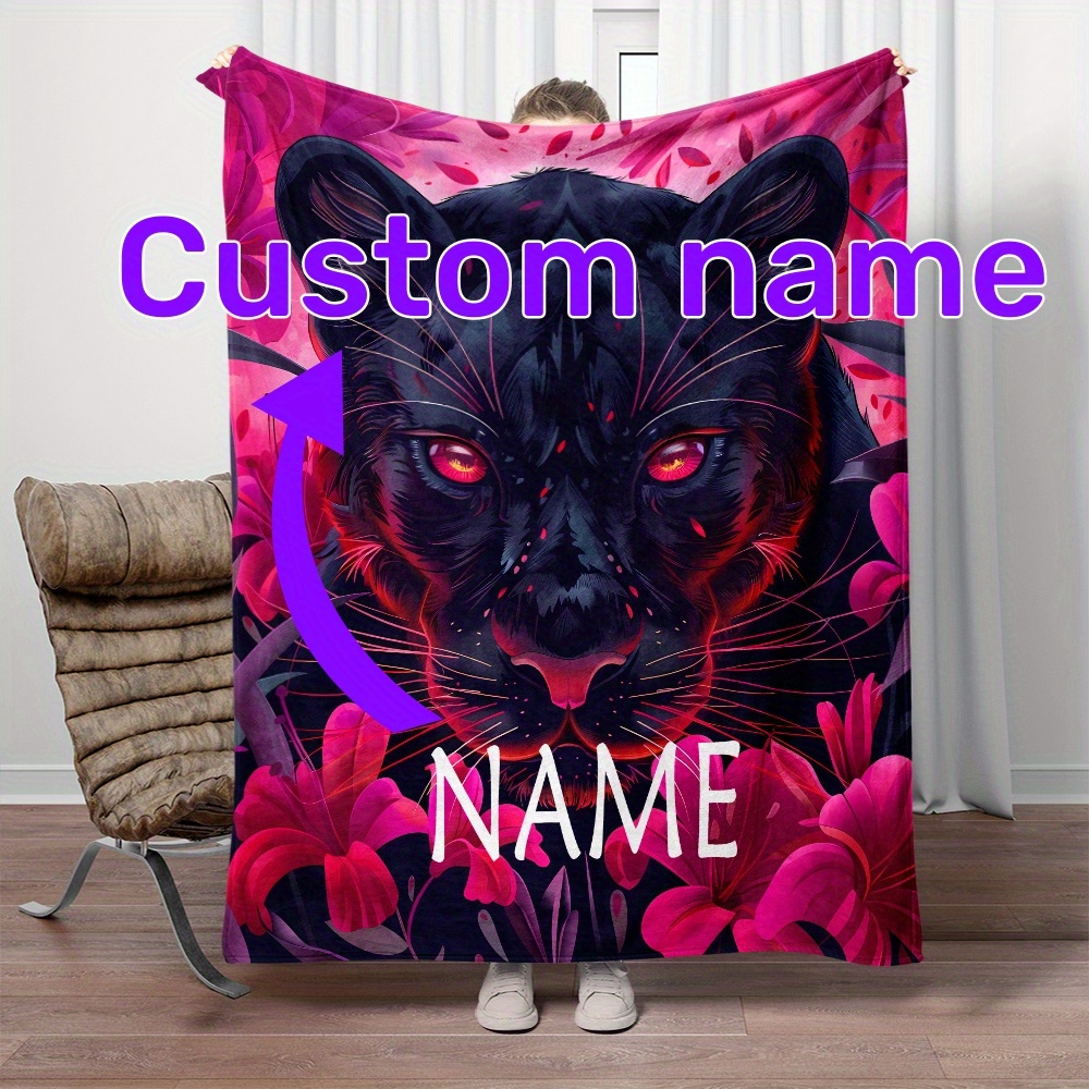 

1pc Custom Name Blanket, Panther Personalization Lightweight Throw Blanket, For Sofa, Bed, Travel, Camping, Living Room, Office, Couch, Chair, And Bed - Digital Printing Soft And Warm Flannel Blanket