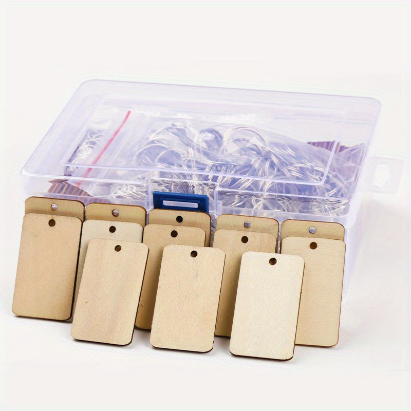 

1box/300pcs Rectangular Wooden Chip Key Ring Wood Hanging Pendant Blanks For Diy Wood Tag Keychain Pendant Making Accessories
