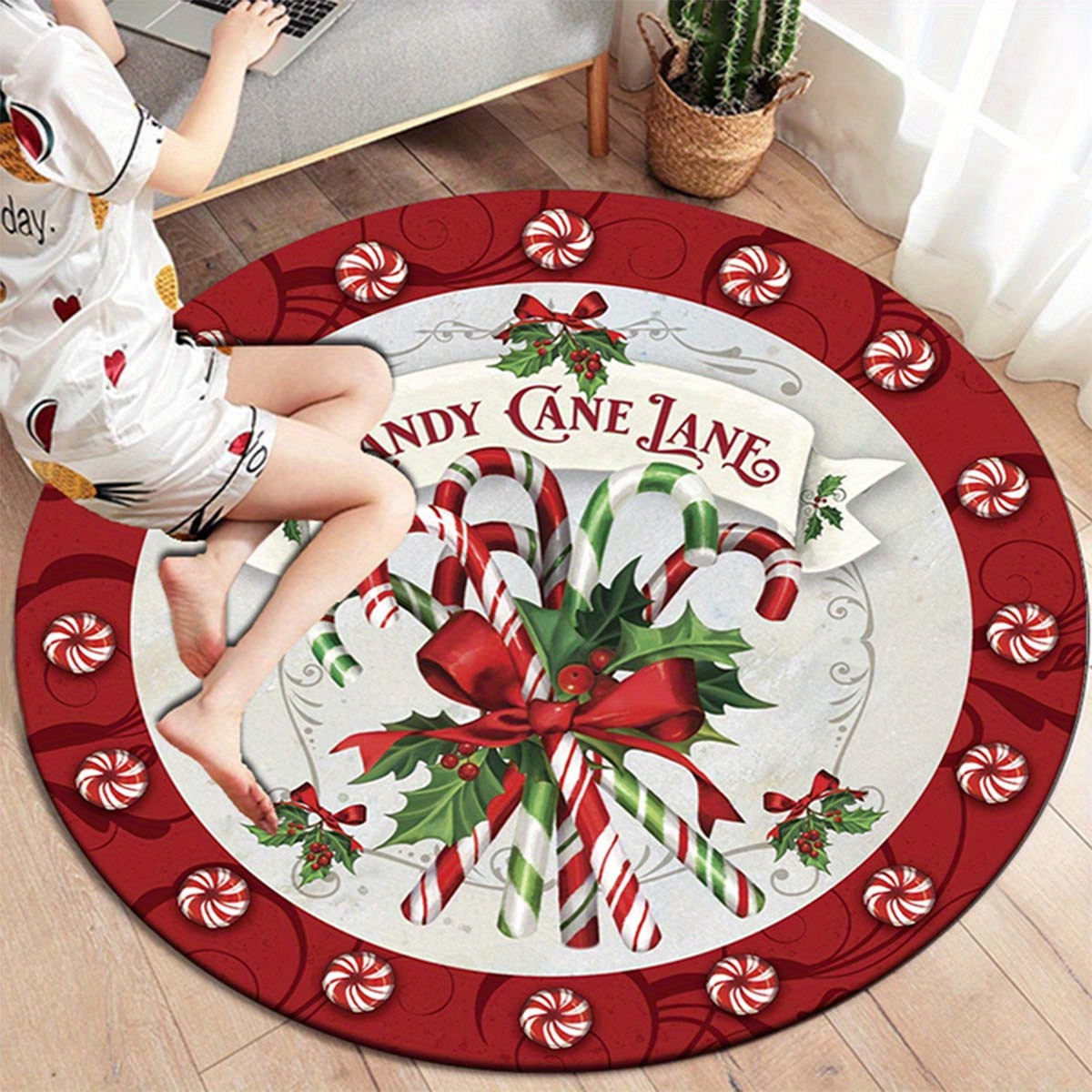 

Merry Christmas Round Area Rug - Non-slip, Washable, Polyester Carpet Mat For Indoor, Outdoor, Office, Nursery, Home Decor - Candy Cane Design